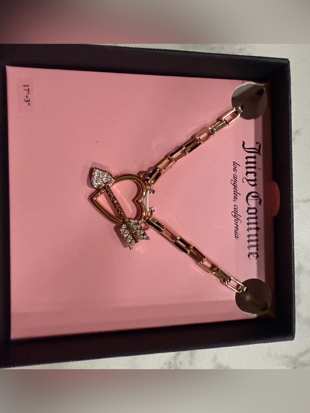 Juicy Couture Rose Gold Heart Charm Necklace with Crystal Bow